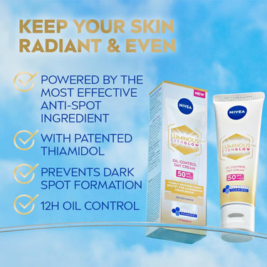 NIVEA Luminous Even Glow Oil Control Day Cream for face |SPF 50 with UV protection & UVA UVB filters | Thiamidol, Hyaluronic Acid, Vitamin E for Dark Spots Reduction & Deep Moisturization| 40ml